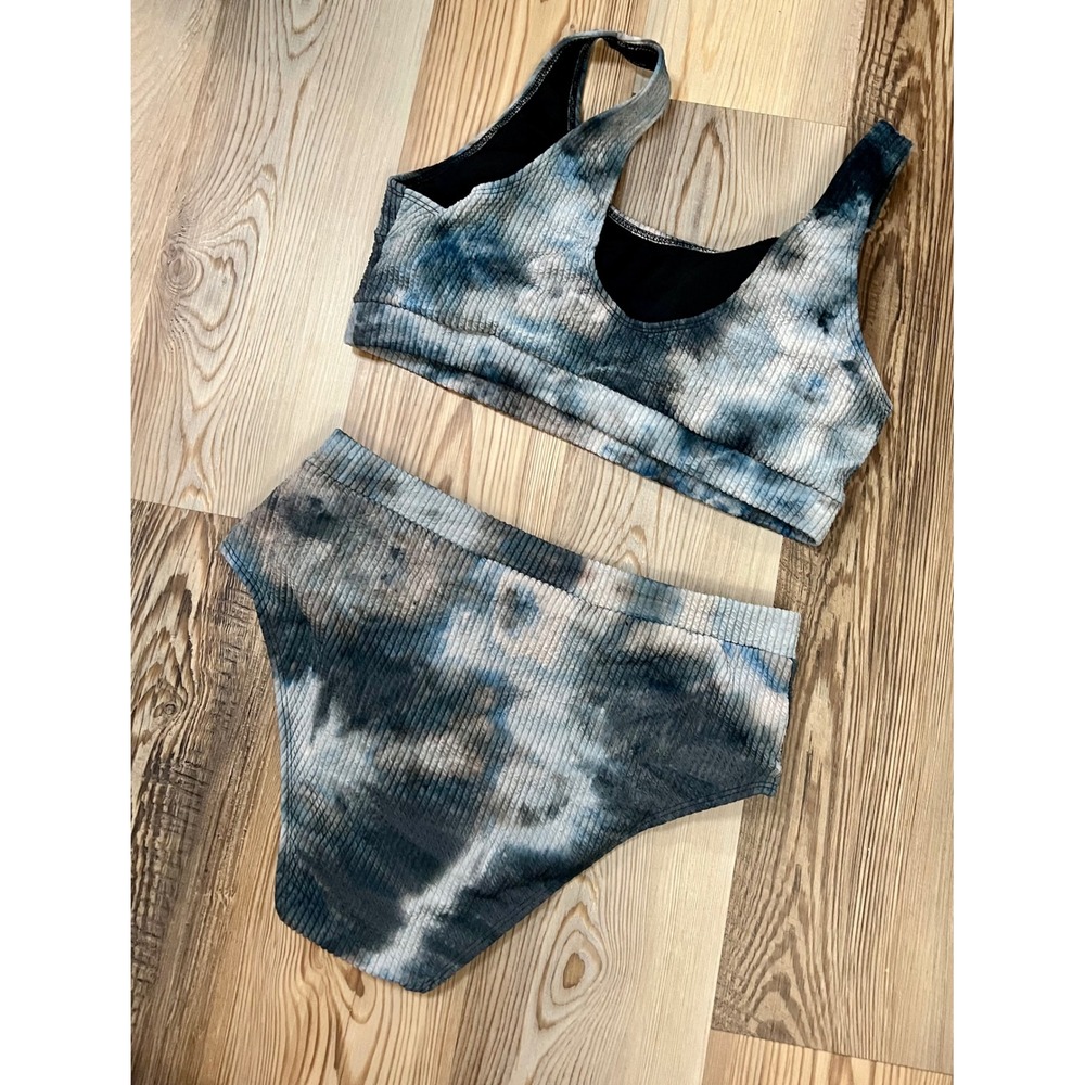 SHEIN Swim Womens 2XL Blue Tie Dye Ribbed Boho Grunge High Waist Bikini NWOT - Picture 2 of 7